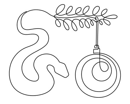 2025 year of snake and Christmas toy one line art,hand drawn continuous contour.Holiday festive New year Chinese astrological horoscope and festive tree ball,poisonous reptile serpent outline.のイラスト素材