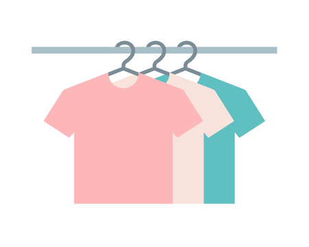 Clothing on clothing rack, discount flat T-shirts clothes.Fashion retail offer,wear on hanging. Supermarket markdown,thrifty purchase in store.Isolated. Vectorのイラスト素材