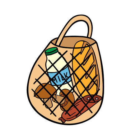 Grocery shopping bag with fresh natural food,simple market pack purchases.Healthy grocery flat design,store shopping.Isolated. Vectorのイラスト素材