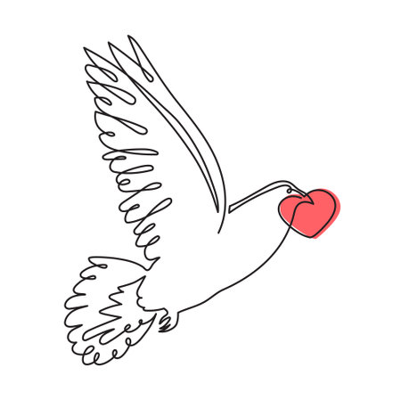 Pigeon love concept one line art, fellings flies concept continuous contour drawing,hand-drawn Valentine's day decoration.Romance,engagement and marriage symbol. Editable stroke.Isolated.のイラスト素材