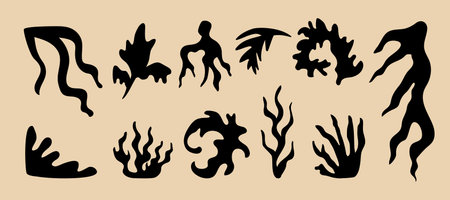 Summer Botanical Set With Abstract Floral Design Natural Elements. Tropical Silhouettes Of Flowers And Plants Collage. Abstract Spring Natural Organic Shapes Leaves Flat Application. Isolated.のイラスト素材