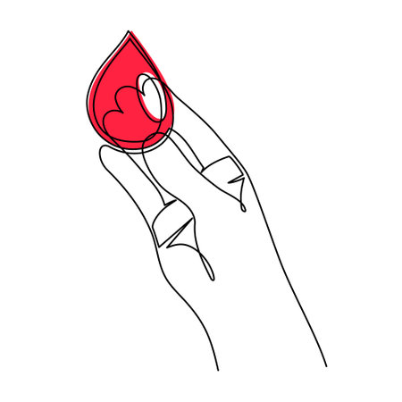 World Blood Donor Day one line art, giant droplet continuous contour drawing safe life, voluntary donation transfusion symbol human kindness, dedicated to medical charity June 14. Editable strokeのイラスト素材