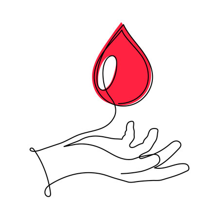 World Blood Donor Day one line art, giant droplet continuous contour drawing safe life, voluntary donation transfusion symbol human kindness, dedicated to medical charity June 14. Editable strokeのイラスト素材