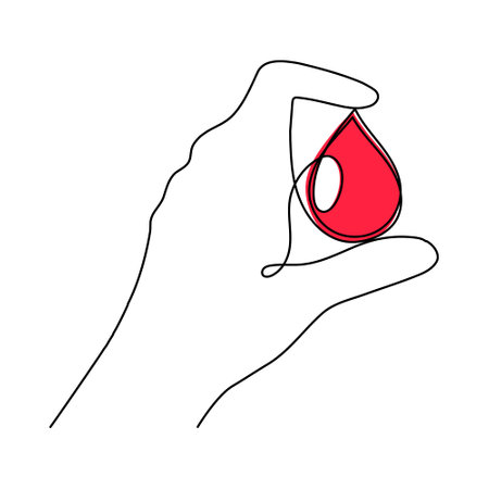 World Blood Donor Day one line art, giant droplet continuous contour drawing safe life, voluntary donation transfusion symbol human kindness, dedicated to medical charity June 14. Editable strokeのイラスト素材