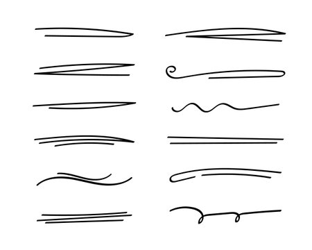 Underlines set, hand drawn marker pen strokes. Doodle style collection wavy curly various strips art lines. Isolated. Vectorのイラスト素材