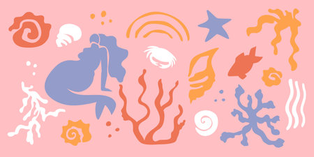 Sea mermaid seaweed organic silhouette set with abstract seashell crab fish sea creatures and plants coral, seashell conch flat simple poster marine art. Isolated. Vector illustrationのイラスト素材