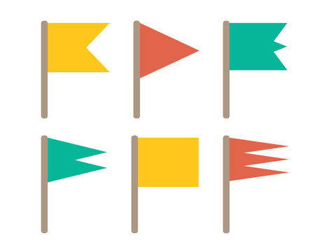 Colorful flag on a stick set for birthday party decoration, holiday anniversary fabric symbol design, modern festive hanging sign shapes decor. Isolated. Vectorのイラスト素材