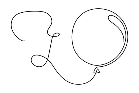 Balloon with string one line art,hand drawn air-filled celebration Birthday or Valentine's party design drawing continuous contour. Festive holiday anniversary helium outline. Isolated.のイラスト素材