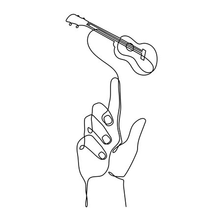 Hand holds ukulele musical concept one line art, hand-drawn playing Hawaiian string instrument drawing continuous contour. Acoustic small guitar outline melody minimalist symbol. Editable strokeのイラスト素材