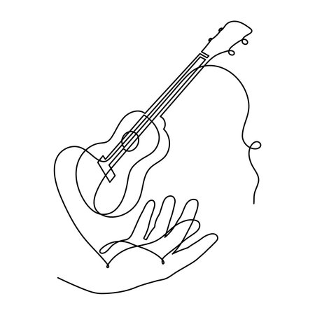Hand holds ukulele musical concept one line art, hand-drawn playing Hawaiian string instrument drawing continuous contour. Acoustic small guitar outline melody minimalist symbol. Editable strokeのイラスト素材