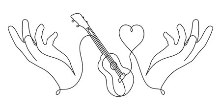 Hand holds ukulele musical concept one line art, hand-drawn playing Hawaiian string instrument drawing continuous contour. Acoustic small guitar outline melody minimalist symbol. Editable strokeのイラスト素材