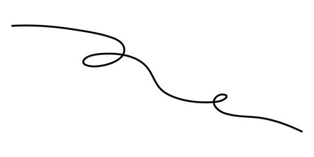 Wavy curly stroke one line art, hand drawn scribbly dividing element drawing continuous contour. Twiddle swirl separator curve strip with volutes and tendril design. Isolated. Editable stroke. Vectorのイラスト素材