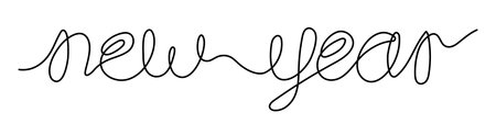 New year text lettering one line art, hand drawn continuous contour. Holiday concept, festive...
