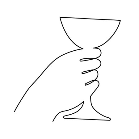 Hand holds wine clinking glass celebrating holiday 2027 new year, one line art, continuous drawing contour. Cheers romantic Valentine's Day toast, festive hand-drawn drink. Editable strokeのイラスト素材