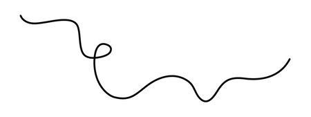 Wavy curly stroke one line art, hand drawn scribbly dividing loop element drawing continuous contour. Twiddle swirl separator curve strip, volutes and tendril design. Isolated. Editable stroke. Vectorのイラスト素材