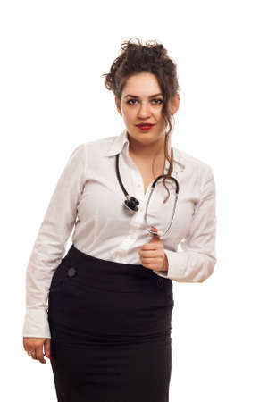 attractive lady doctor with stethoscope on white の写真素材