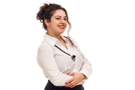 attractive lady doctor with stethoscope on white の写真素材