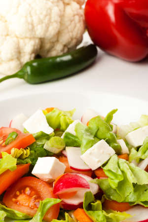 vegetable salad in white bowl with different vegetables in the backgroundの写真素材