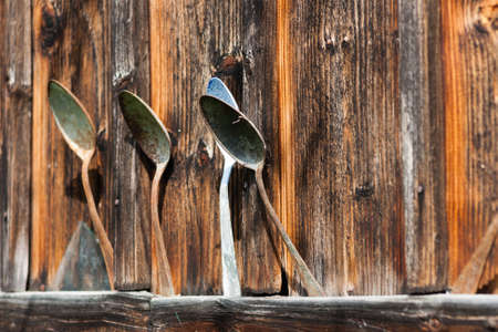old retro rusted spoons on rustic wooden wallの写真素材
