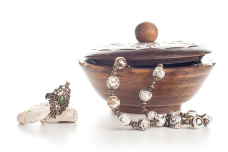 vintage necklace and ring with wooden jewelry box