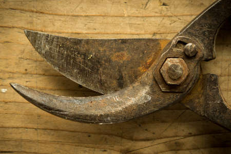 old vintage retro used scissors on wooden tableの写真素材