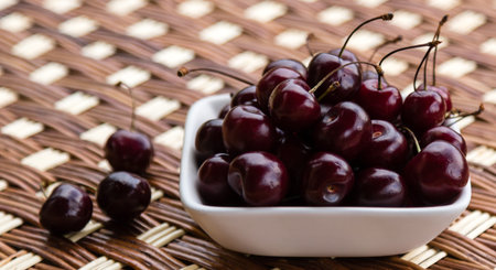 fresh natural cherries in a white bowl on table