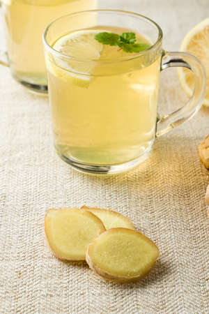 hot healthy organic ginger tea with lemonの写真素材