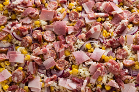 home made meat pizza closeup befor bakingの写真素材