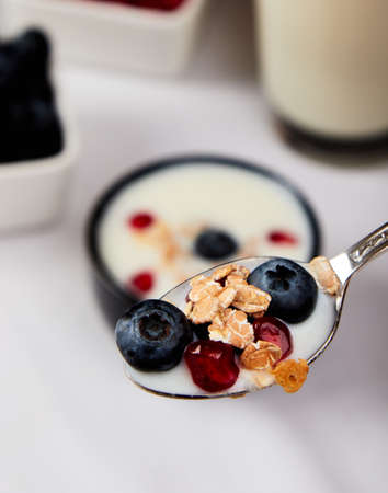 yogurt with cereals, blueberry and pomegranate on a spoonの写真素材