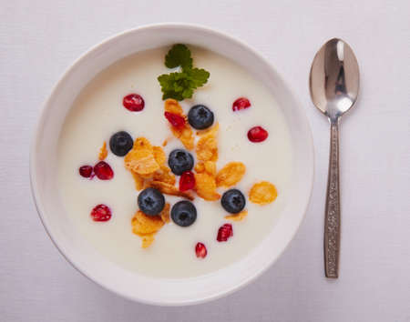 yogurt with cereals, blueberry and pomegranate in a white bowlの写真素材