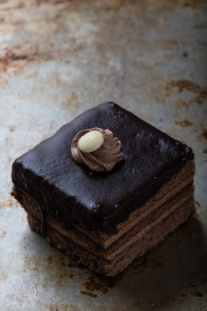 brown delicious chocolate cake on steel plateの写真素材