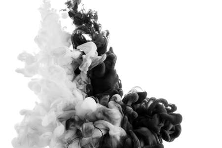Abstract acrylic black and white paint swirls in water on white backgroundの写真素材