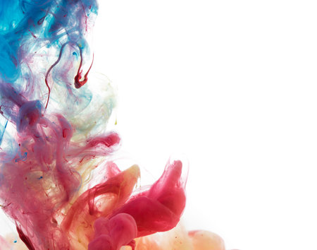 Abstract acrylic paint color swirls in water on white backgroundの写真素材