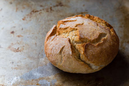 round fresh crusty bread bun on steel plateの写真素材