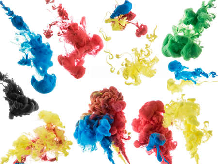 Abstract acrylic paint color swirls in water on white background