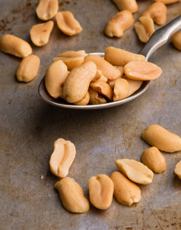 healthy natural brown peanuts on spoon on a steel plate