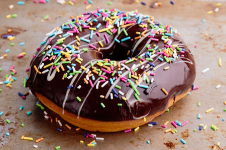 chocolate donut with sprinkles on steel plateの写真素材