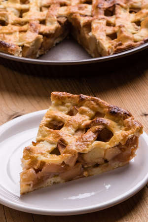 tasty apple pie slice on white plateの写真素材