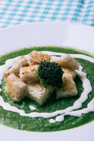homemade green broccoli cream soup in white plateの写真素材