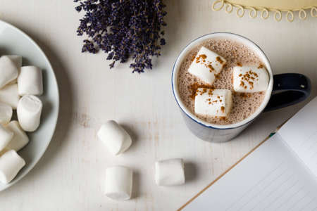hot cocoa with marshmallow on morning tableの写真素材