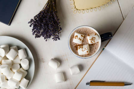 hot cocoa with marshmallow on morning tableの写真素材