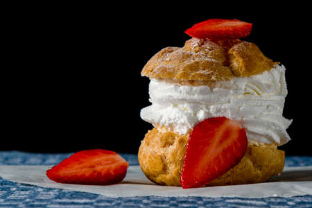 delicious dessert cake with ripe strawberry slicesの写真素材