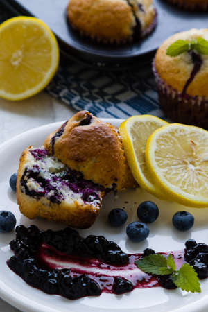 fresh tasty gourmet dessert, homemade blueberry muffinsの写真素材