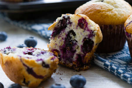 fresh tasty gourmet dessert, homemade blueberry muffinsの写真素材