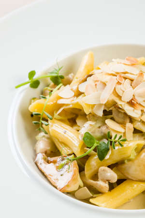 gourmet penne with gorgonzola and mushrooms in white plateの写真素材