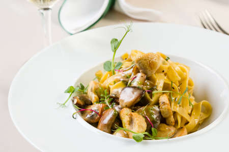 gourmet tagliatelle pasta with mushrooms in white palteの写真素材