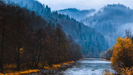 color orange blue autumn dawn landscape with fogの写真素材