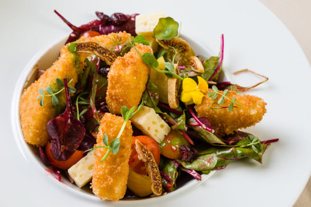 gourmet fried cheese with salad in white plate