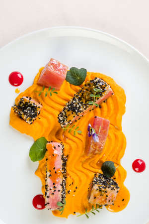 gourmet red tuna with carrot purÃ©e in white plateの写真素材
