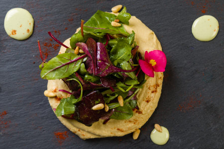 gourmet hummus with salad and bread on black plateの写真素材